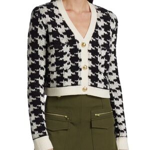 Derek Lam Black and White Molly Wool Blend Houndstooth Cardigan